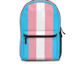 Puede incluir: Una mochila de rayas verticales azules, rosas y blancas. La mochila tiene un bolsillo frontal con cremallera.