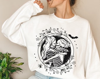 Lesbian Halloween Sweatshirt, Spooky Season Skeleton Shirt, Lesbian Bachelorette Party Shirts, Gay Bridal Party, Queer Bride And Bride Shirt