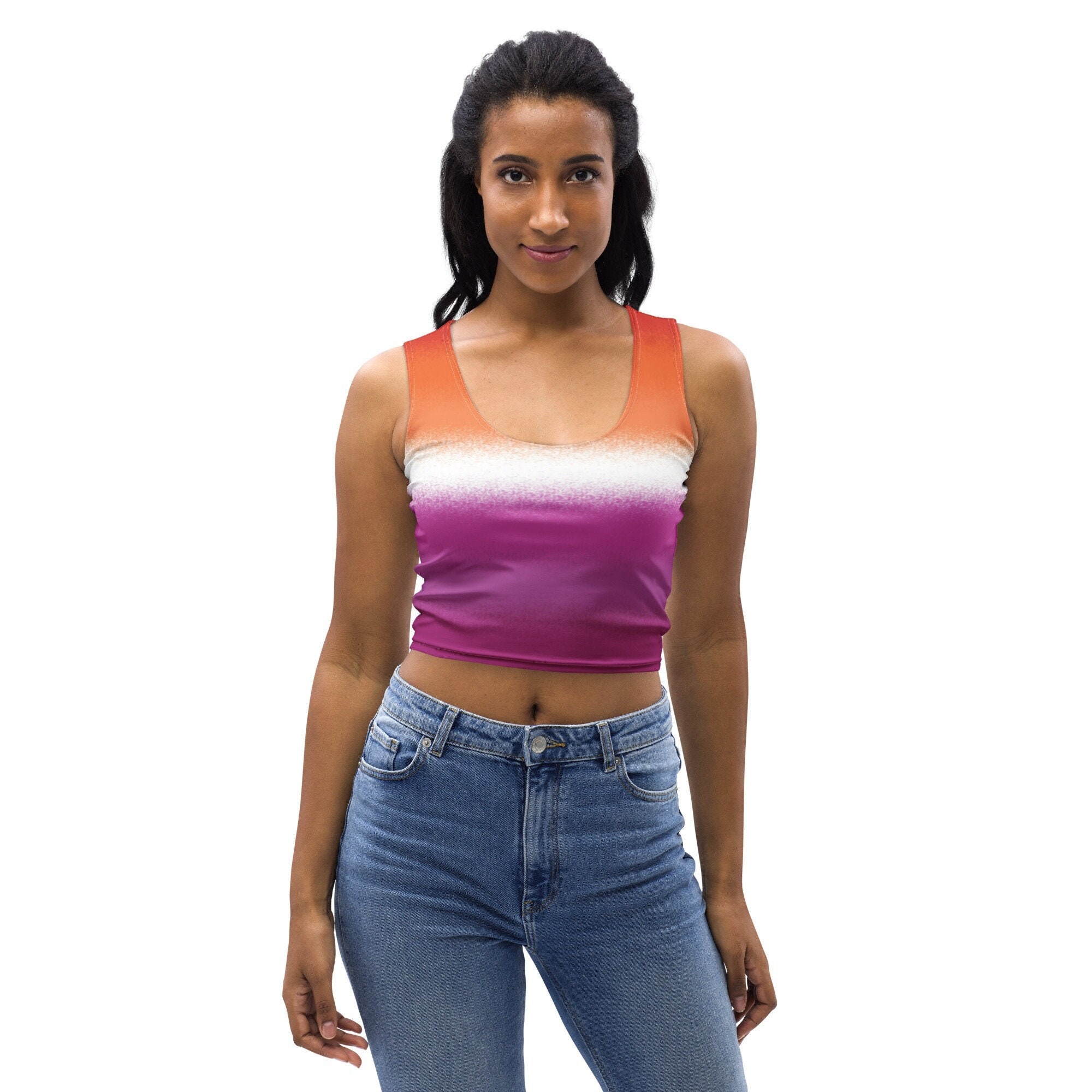 Lesbian Crop Top; Lesbian Sunset Sprayed Flag Cropped Shirt; WLW Gay Woman Pride Parade Outfit; Trendy LGBT Tank Top; LGBTQIA Clothing
