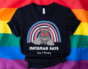 Personalized Trans Mothman Shirt, Custom Pronouns Transgender Pride Cryptid Tee, Folklore Mythology TShirt, Queer Cryptozoology FTM FTM Gift