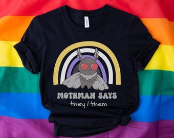 Personalized Nonbinary Mothman Shirt, Custom Pronouns Enby Pride Cryptid Tee, Folklore Mythology They Them T-Shirt, Queer Cryptozoology Gift