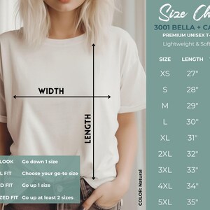 Puede incluir: Tabla de tallas para una camiseta unisex, que muestra las medidas en pulgadas para XS, S, M, L, XL, 2XL, 3XL, 4XL y 5XL. La tabla muestra la longitud y el ancho de la camiseta en pulgadas. La camiseta se describe como ligera y suave.