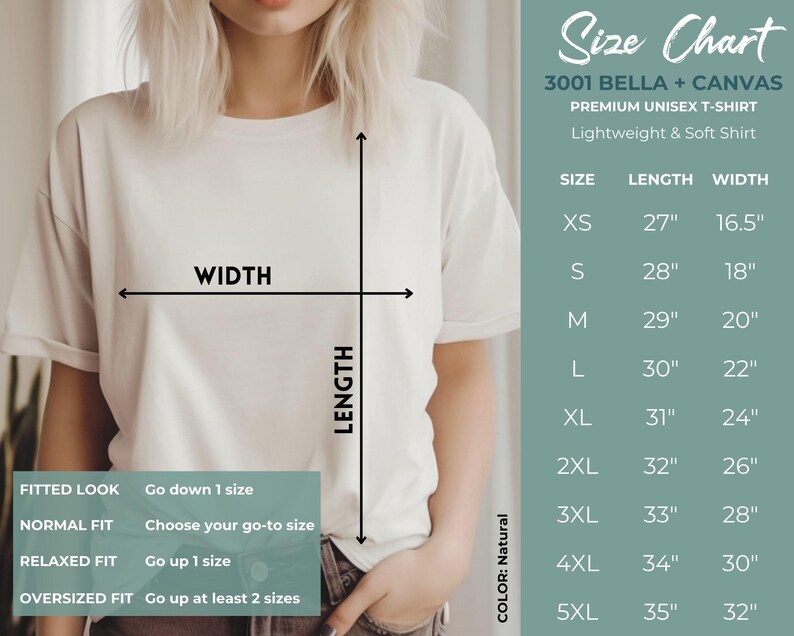 Puede incluir: Tabla de tallas para una camiseta unisex, que muestra las medidas en pulgadas para XS, S, M, L, XL, 2XL, 3XL, 4XL y 5XL. La tabla muestra la longitud y el ancho de la camiseta en pulgadas. La camiseta se describe como ligera y suave.