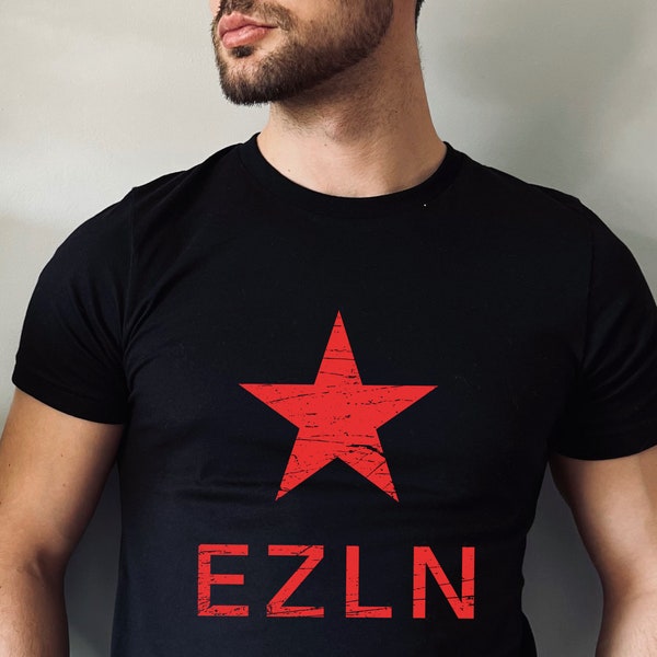 Chemise EZLN, t-shirt drapeau EZLN en détresse, vêtements zapatistes, tee-shirt révolution étoile rouge, cadeau pour anticapitaliste