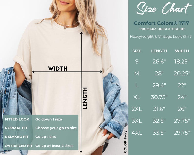 May include: Size chart for a unisex t-shirt in ivory. The chart shows the length and width measurements in inches for sizes S through 4XL. The chart also includes a guide for choosing the right size based on the desired fit.