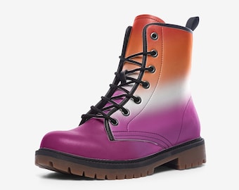 Lesbian Boots; Lesbian Pride Sunset Flag Vegan Leather Combat Shoes; WLW Outfit For Pride Parade; LGBTQ Clothing, LGBT Unisex Boots