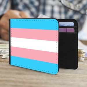 Cartera con la bandera transgénero; Cartera portatarjetas de cuero sintético vegano con orgullo trans; Cartera delgada plegable con la bandera transgénero y orgullo LGBT