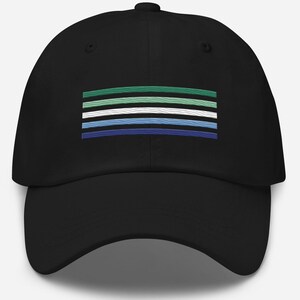 May include: A black baseball cap featuring a multi-coloured stripe design. The stripes are green, white, light blue, and dark blue.