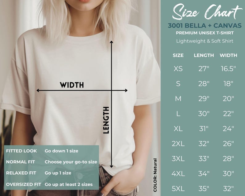 May include: A white unisex t-shirt with a size chart. The chart lists measurements in inches for sizes XS to 5XL. The shirt is made of lightweight and soft material. The color is natural.
