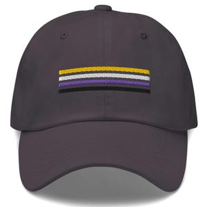 May include: A dark gray baseball cap with an embroidered multi-colored stripe across the front. The stripe is yellow, white, light purple, and black.