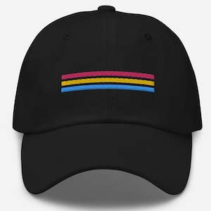 May include: A black baseball cap with a horizontal stripe of pink, yellow, and blue.