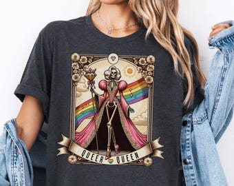 LGBTQ Queer Queen Shirt, Spooky Gay Skeleton Tarot Card Tee, Whimsical Goth LGBT Pride T-Shirt, Witchy Vibes Tshirt, Funny Occult Gift