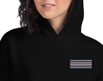Embroidered Transgender Hoodie, Embroidery Trans Pride Hooded Sweatshirt, Subtle Transgender Flag Sweater, LGBTQ Gift For MTF Or FTM