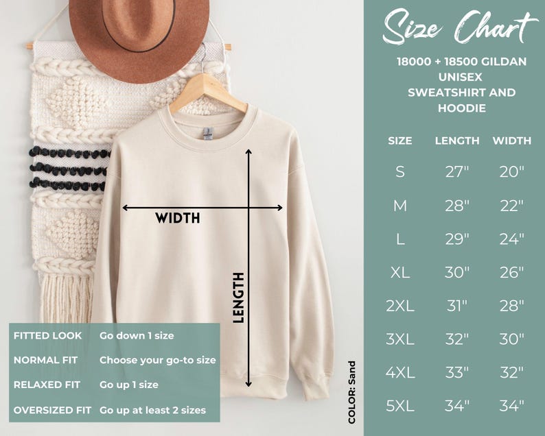 May include: Size chart for unisex sweatshirts and hoodies made by Gildan. The chart shows the length and width in inches for sizes S through 5XL. The chart is displayed on a light beige sweatshirt.