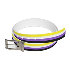 May include: A white, black, yellow, and purple striped belt with a silver buckle.