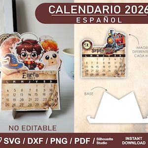May include: A 2026 calendar set featuring chibi-style wizard characters, a train, and a sorting hat. The design includes a paper base, monthly grids with Spanish text, and the labels CALENDARIO 2026, ESPAÑOL, NO EDITABLE, and INSTANT DOWNLOAD.