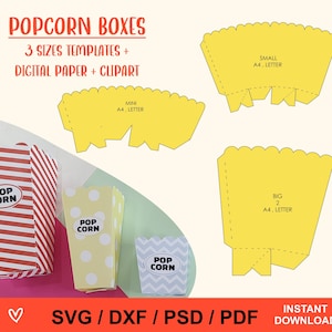 PopCorn box template pack, Bundle, popcorn box, box template, SVG, DXF, Psd, Png, PDF, digital papers, digital paper, clipart
