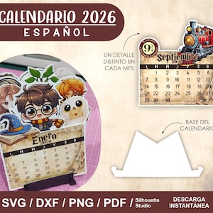 May include: A 2026 Spanish calendar featuring cartoon characters and a train illustration. The calendar includes monthly pages with dates and a stand for display. The design includes the text "CALENDARIO 2026 ESPAÑOL".