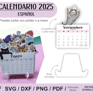 Calendario Gatos ESPAÑOL 2025, dxf, svg, pdf, Silhouette Studio y corte manual.
