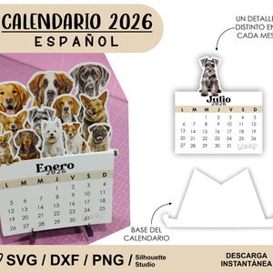 Calendario Perros ESPAÑOL 2026, para corte con plotter o a mano