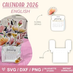 Puede incluir: Un calendario blanco de 2026 con detalles florales. El calendario muestra el mes de enero. Las palabras "CALENDAR 2026 ENGLISH" están en la parte superior. El diseño incluye formatos SVG, DXF y PNG, y es una descarga instantánea.