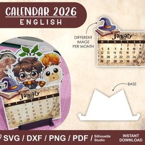 May include: A 2026 calendar with a wizard theme. The calendar features illustrations of characters and a wizard hat. The text "CALENDAR 2026 ENGLISH" is at the top. The calendar is designed to be a desk calendar with a base.