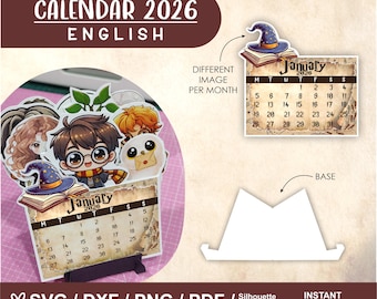 Calendario da tavolo Harry P 2026 ENGLISH, DXF, SVG, PNG, PDF stampabile, per il taglio e l'assemblaggio