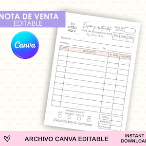 Może przedstawiać: Biały, edytowalny szablon noty sprzedaży z tekstem "NOTA DE VENTA EDITABLE" w fioletowym banerze. Szablon zawiera pola na dane klienta, szczegóły produktu i metody płatności. Widoczne jest logo Canva.