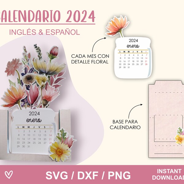 2024 Calendar, Calendar, SVG, Dxf, Cameo, Cricut, ScanNcut, flowers