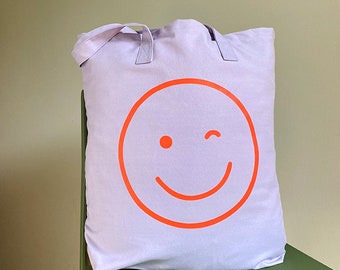 Strandtasche Lila Smiley – reflektiert in der Dunkelheit  | Einkaufsbeutel | Stofftasche mit Boden | Tasche Paris