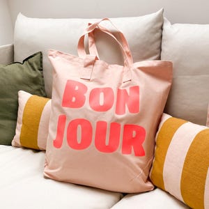 Bag for women | Bonjour fabric bag | Illustration | Beach bag | Balloon lettering | NEON | Bags | Olympia Feeling