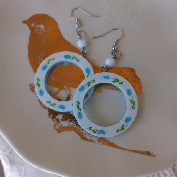 Shabby chic upcycled floral hoop charms earrings