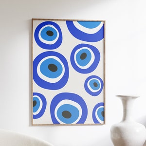 Evil Eye Pattern art print, minimalist art print, evil eye, nazar, blue art print, mid century, modern art print, trendy wall art, home wall