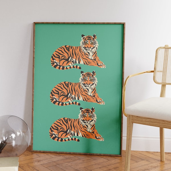 Three Tigers pop art print, wall art, home decor, minimalist art print, wall art, digital download art print, mid century modern, tigers