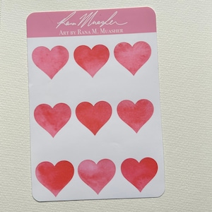 Stickervel roze aquarel hart - sticker roze hart - sticker aquarel harten - handgeschilderd stickervel roze aquarel harten