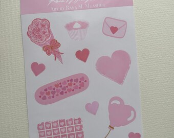 Stickervel liefdesthema - Stickervel roze harten - Handgetekend stickervel - Stickervel liefde - Stickervel vriendschap