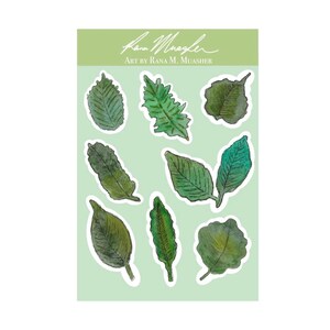 Foglio di adesivi con foglie verdi acquerellate dipinte a mano - Adesivi con foglie verdi acquerellate - Foglio di adesivi con illustrazioni dipinte a mano