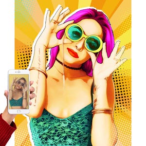 May include: A woman with pink hair and yellow sunglasses poses in a green and black floral top. She is wearing a gold chain necklace and bracelets.