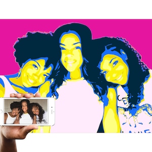May include: Three women with dark hair are shown in a pop art style illustration. The women are wearing colorful clothing and have bright yellow skin tones. The background is a bright pink color.