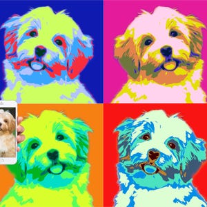 Square Pop Art Pet Portrait from Your Photo! This Andy Warhol style is perfect for your furry best friend's portrait and personalized item!