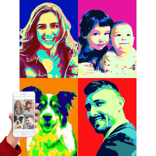 4-er Pop Art Portrait von Deinem Foto! Überraschen Sie Ihre Familie mit dieser Komposition im Andy Warhol-Stil, die sich perfekt zur Dekoration Ihres Hauses eignet!