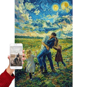May include: A digital art print in the style of Van Gogh's "Starry Night," showing a family in a field. The image features a couple embracing, with two children nearby. The sky is a swirl of blues and yellows, creating a vibrant scene.