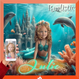 ¡Retrato infantil de fantasía de sirena a partir de tu foto! ¡Conviértete en una hermosa sirena, monta un unicornio en el cielo o conoce al mismísimo Papá Noel!