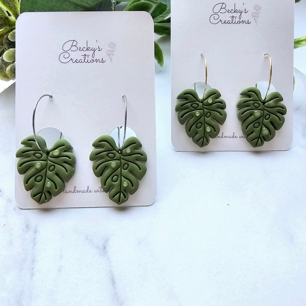 PolymerClay earrings, earrings, handmade earrings, Monstera leaves earrings, Spring earrings, plant earrings, cute earrings, hoops, gifts