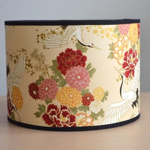 Round lampshade in ecru Japanese fabric with peony and crane pattern, Japanese flower table lamp, floor lamp, Japanese fabric light fixture