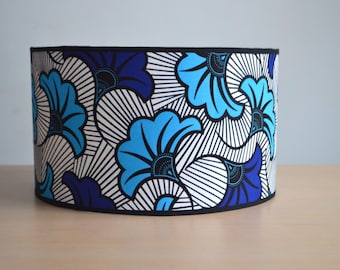 African wax print fabric lampshade with blue and white floral wedding design, blue wax print pendant light, African lighting, African table lamp, wax print floor lamp