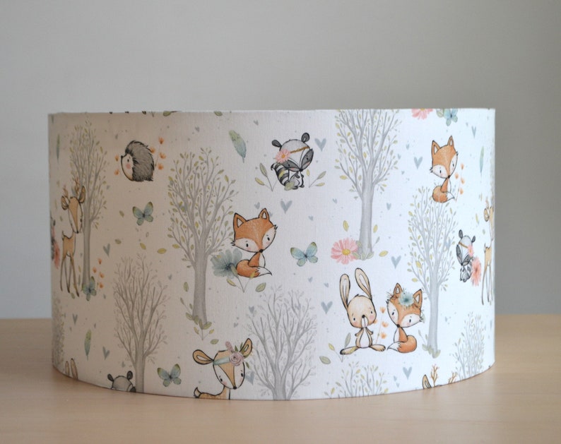 White cotton lampshade for baby children's room, pretty wood: fox, rabbit, children's table lamp, forest animals, children's forest animal pendant lamp image 2