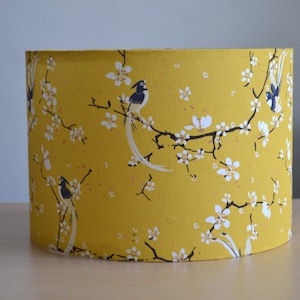Yellow cherry blossom and bird cotton fabric lampshade, floral and bird fabric print table lamp, pendant light, yellow flower light fixture