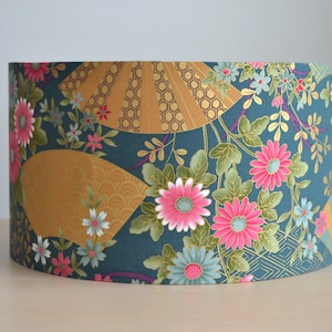Golden blue Japanese fabric table lamp, fan and multi-colored flowers, blue flower floor lamp, Japanese cotton fabric flower suspension
