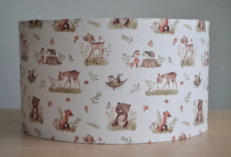 White cotton lampshade children's bedroom baby animals forest doe rabbit, children's table lamp forest animals, children's forest animals pendant lamp image 3